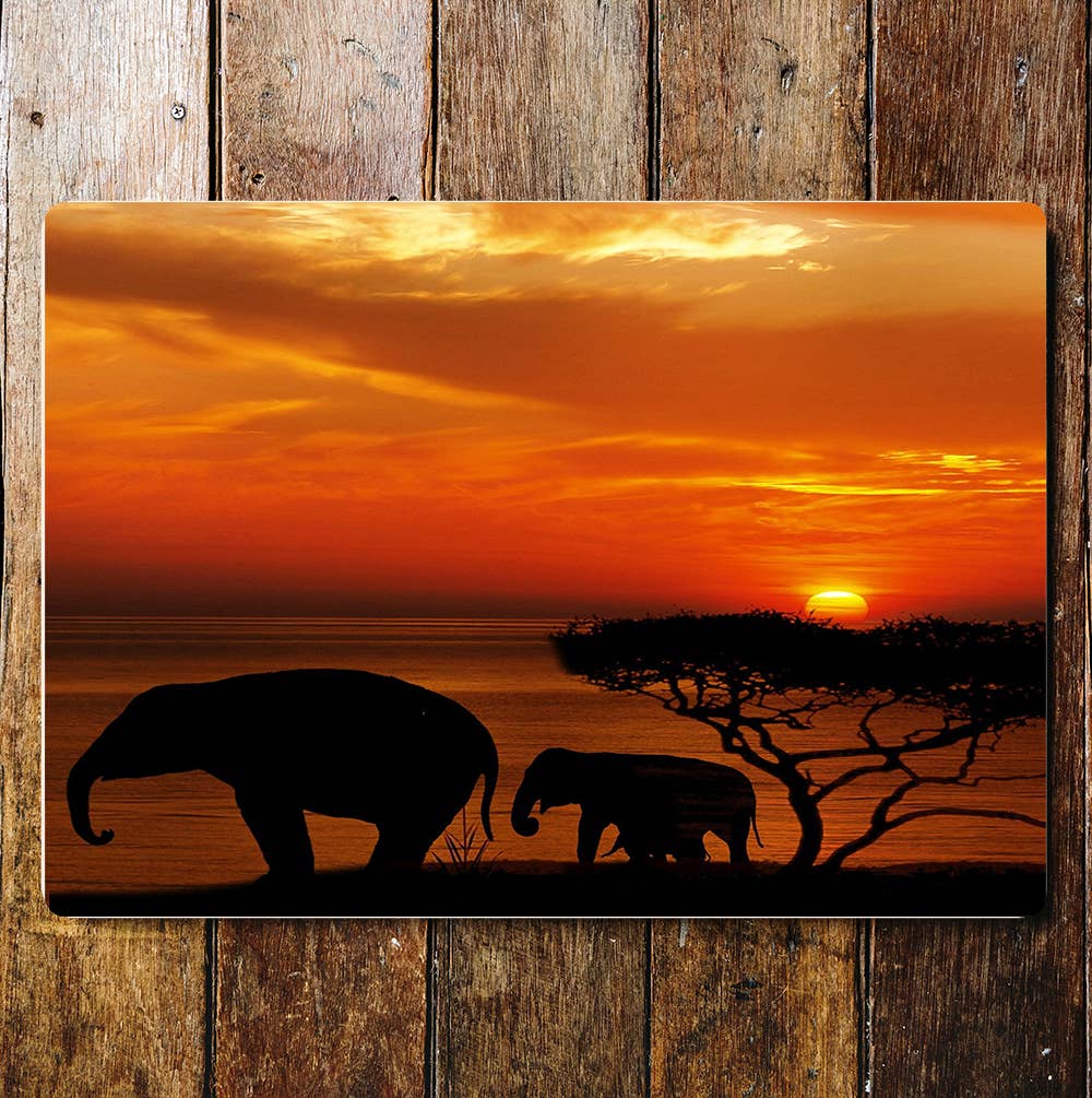 Elephants Night Sky Sunset | Metal Sign Plaque