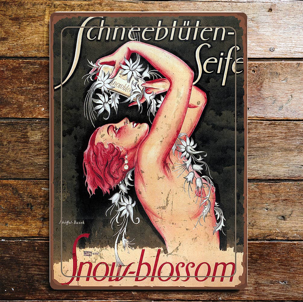 Snow Blossom Pin Up Girl Metal Wall Sign Plaque