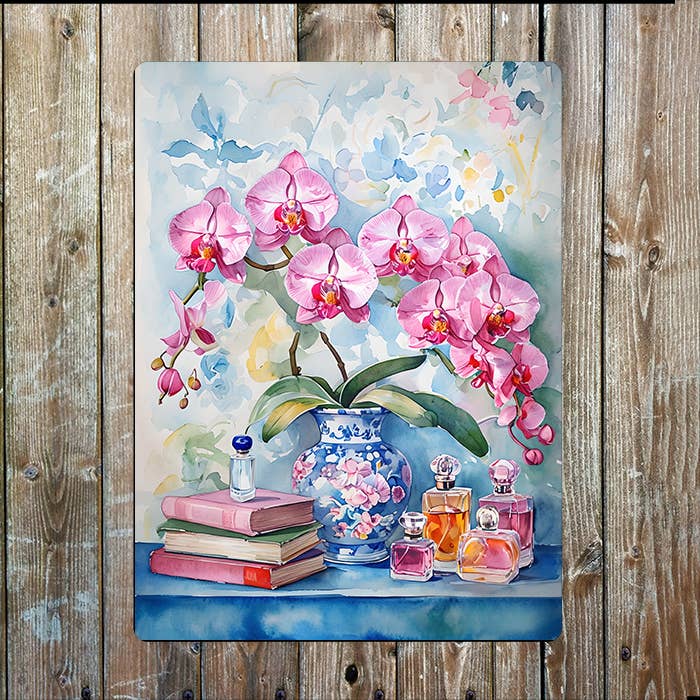 Pink Orchids Perfume Bottles Watercolour | Metal Sign Plaque