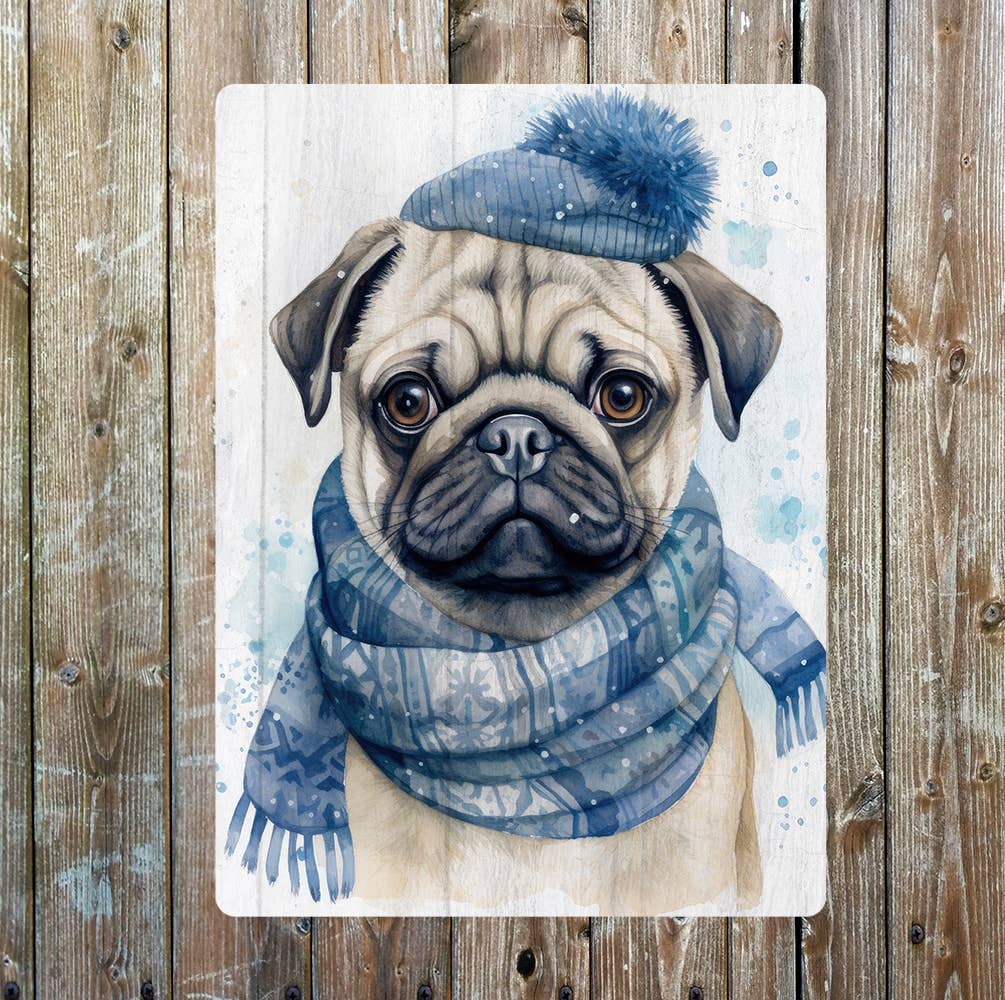 Christmas Pug in Blue Santa Hat | Metal Sign Plaque