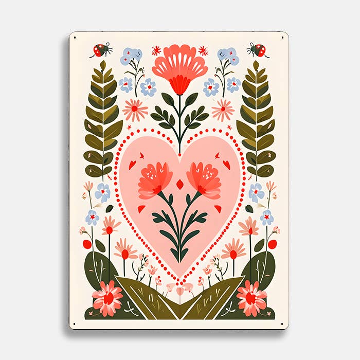 Heart Botanical Flowers scandinavian folk | Metal Sign Plaque