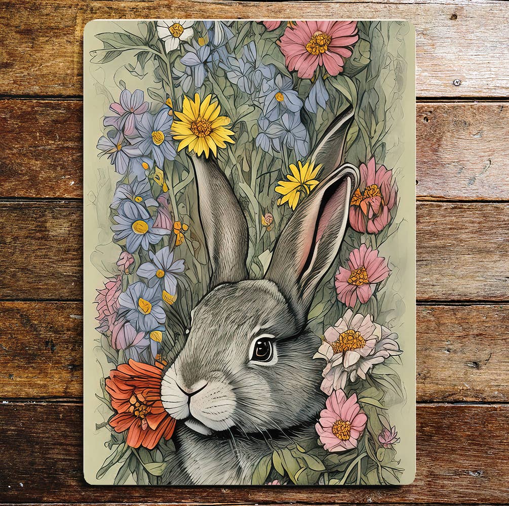 Rabbit Head Hiding Among Wild Flowers Metal Sign Plaque