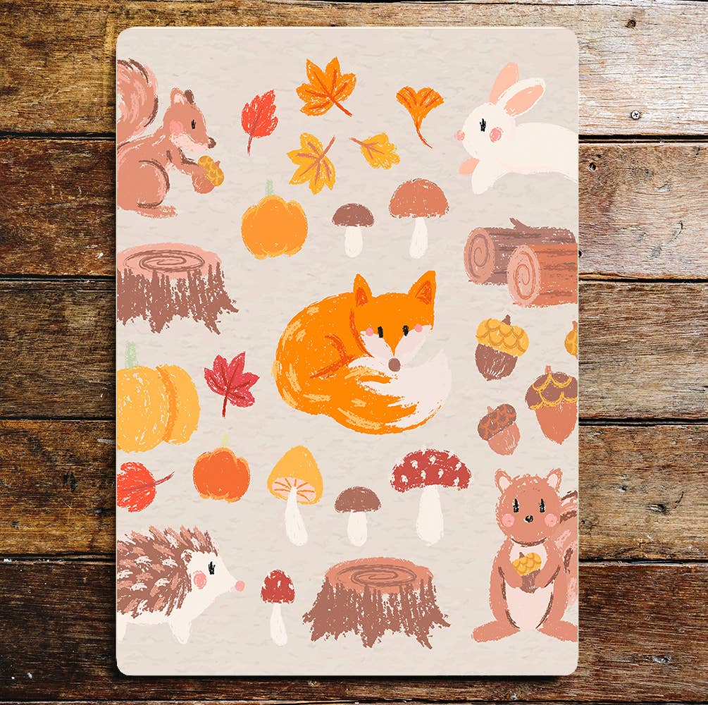 Cute Fox Hedgehog Leaves Acorns Squirrel | Metal Sign Plaque