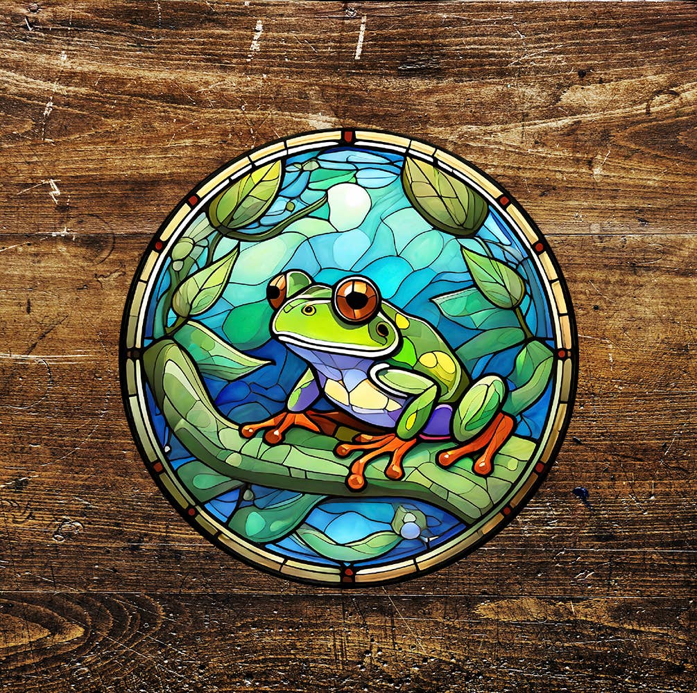 Frog Branch Tree Stained Glass affect Circle Metal Sign