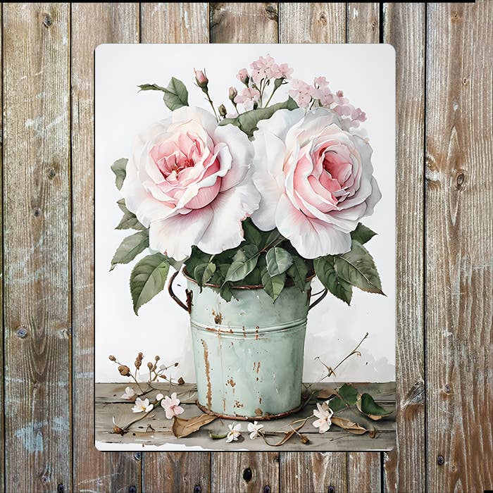 Watercolour White Roses Rustic Bucket | Metal Sign Plaque