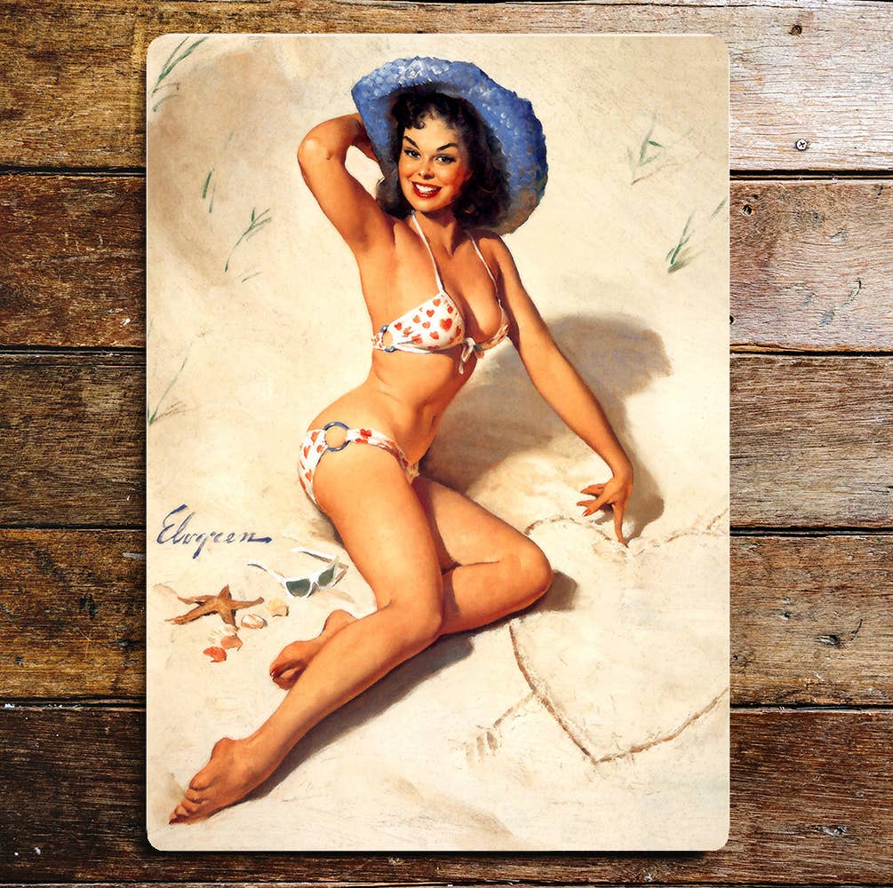 Pin Up Girl Beach Bikini Sun Hat Metal Wall Sign