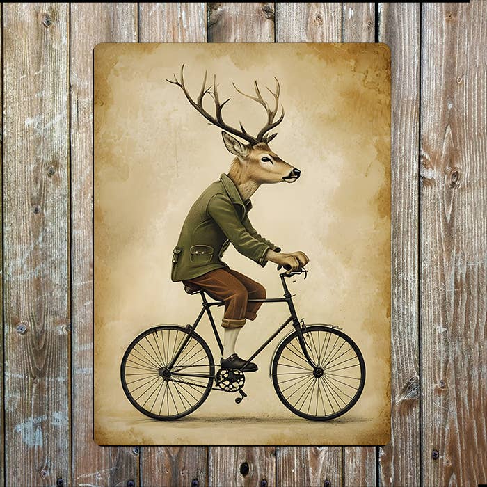 Deer Riding Vintage Bicycle | Metal Sign Plaque