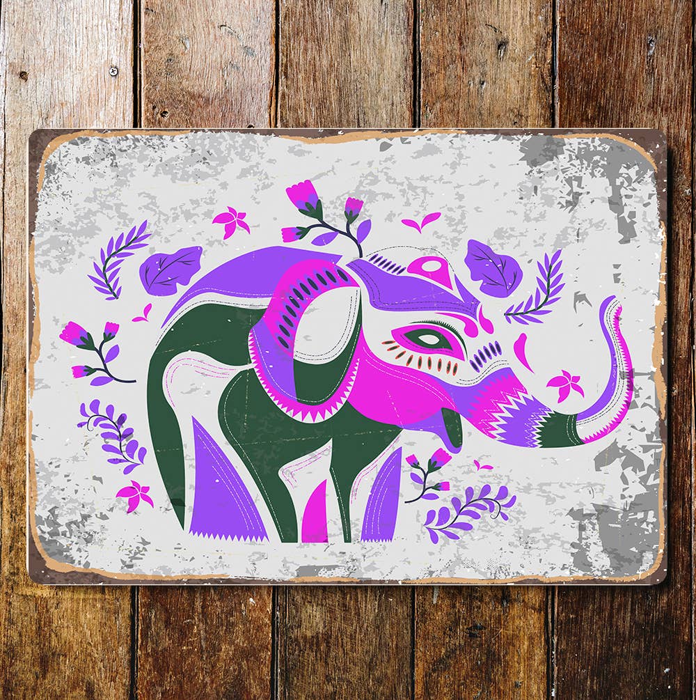 Retro Abstract Painted Elephant purple Metal Sign