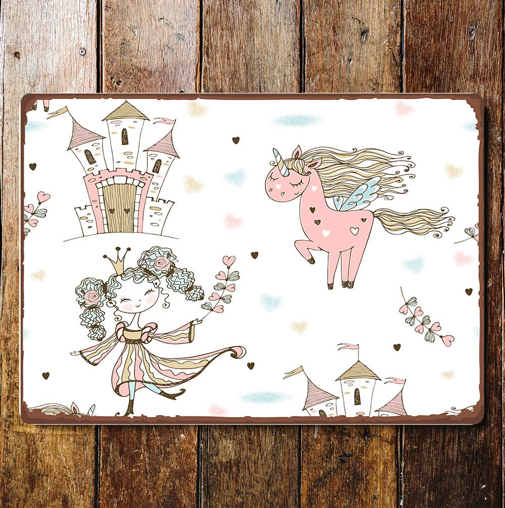 Princess Castle Unicorn Cute Metal Wall Sign Plaque