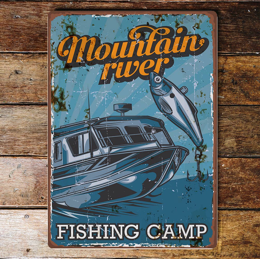 mountain river fishing camp | Metal Wall Sign Plaque