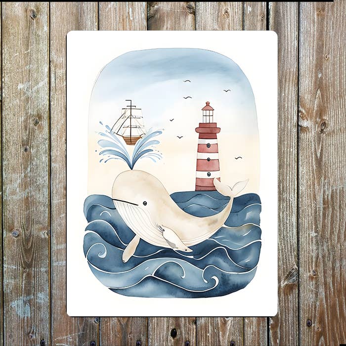 Watercolor Illustration Whale Sea Nautical | Metal Sign Plaque