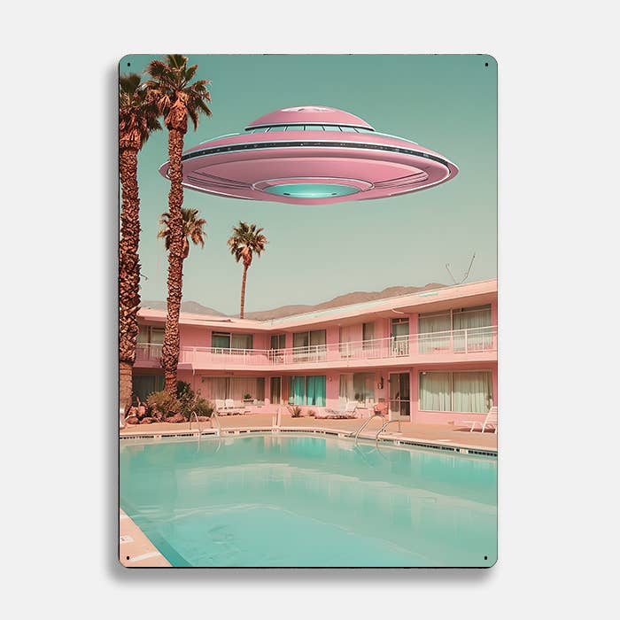 Vintage Motel Pool Scene With UFO Alien | Metal Sign Plaque