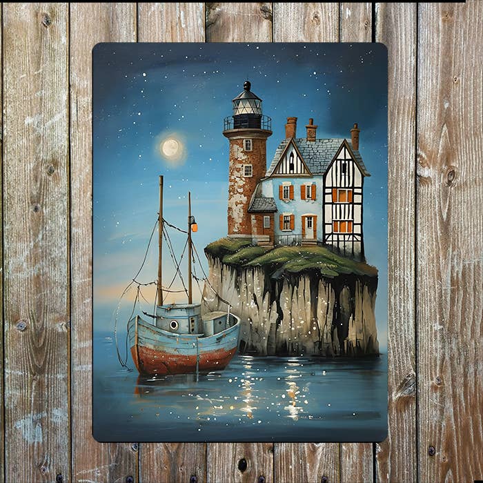 House On Cliff Boat Sea Nautical | Metal Sign Plaque