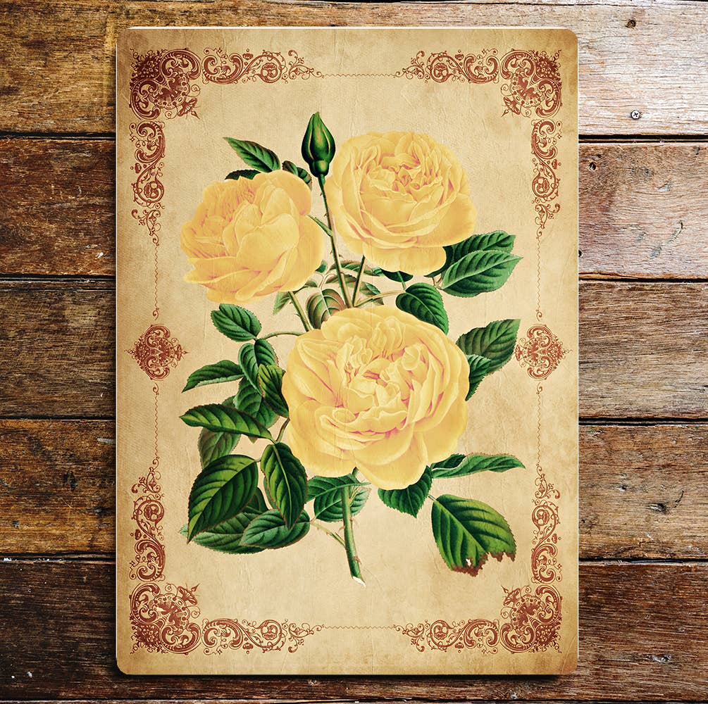 Yellow Rose Stems Card Vintage | Metal Sign Plaque
