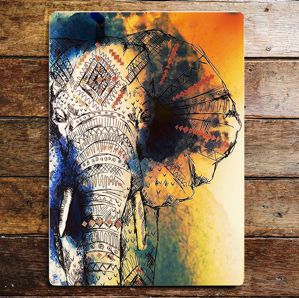 Colourful Patterned Elephant Portrait | Metal Sign plaque