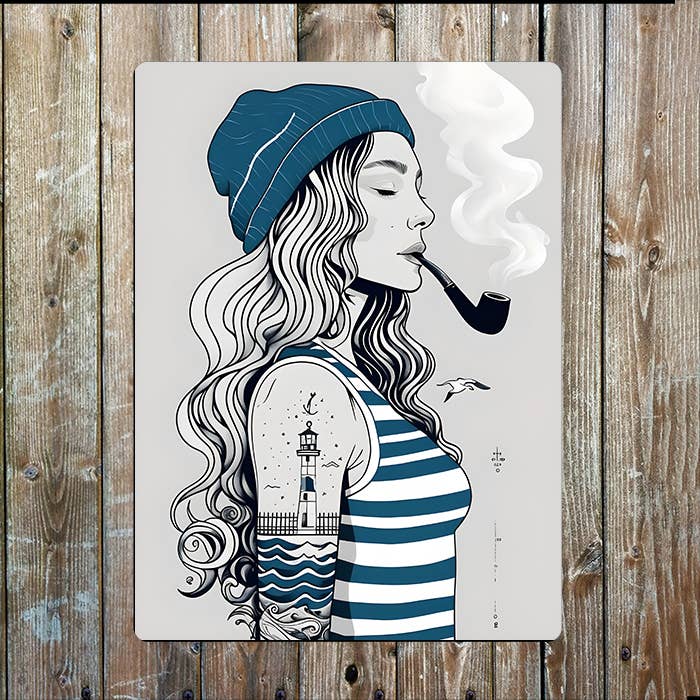 Line Art Illustration Sailor Lady Nautical | Metal Sign Plaque