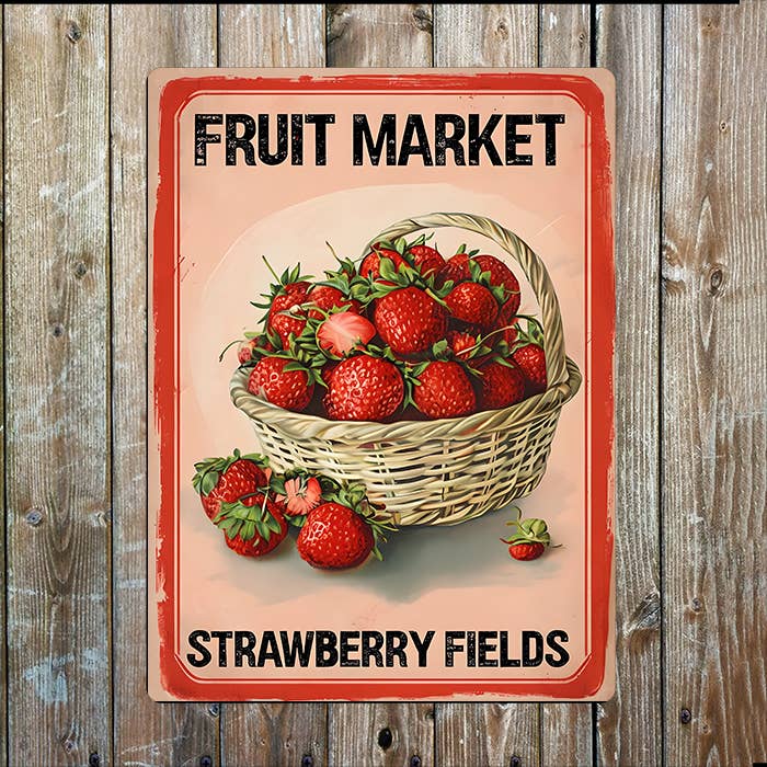 Vintage Fruit Market Strawberry Fields | Metal Sign Plaque