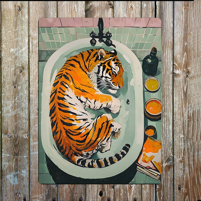 Tiger Relaxing In Green Bathtub Bathroom | Metal Sign Plaque