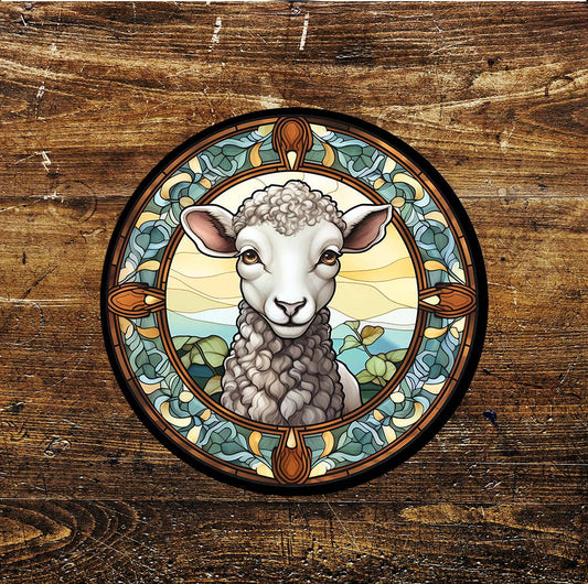 Sheep Farm Animal Stained Glass Affect Metal Sign Circle