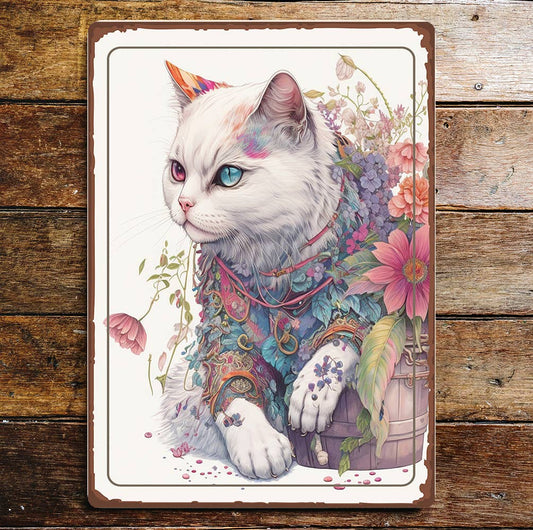 Spiritual Cat nature flowers Art Metal Sign Plaque