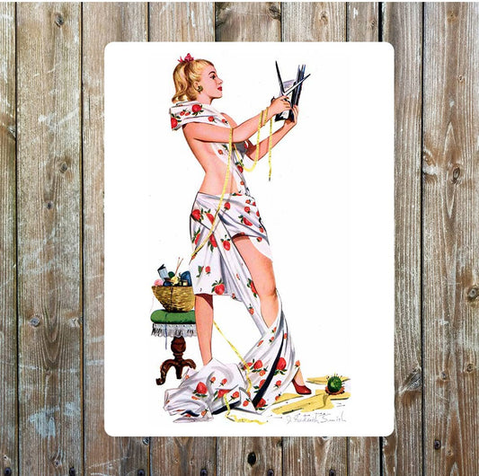 Pin up sewing vintage art Metal Wall Sign
