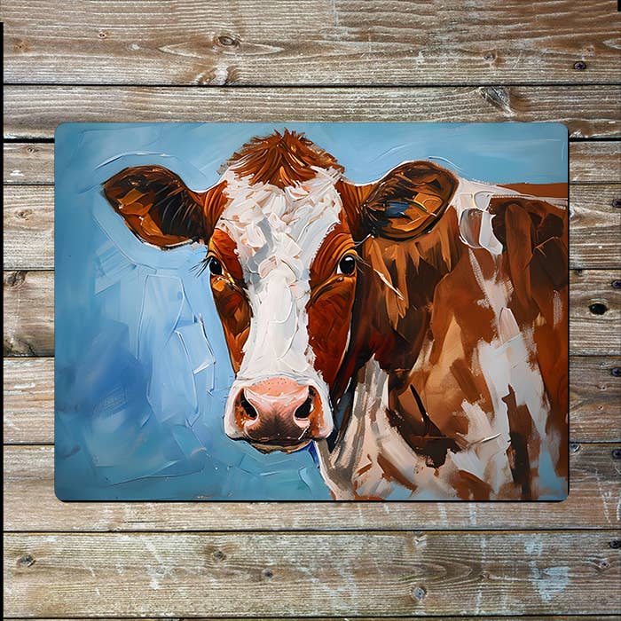 Painting Of A Cow Against Blue Background Metal Sign Plaque