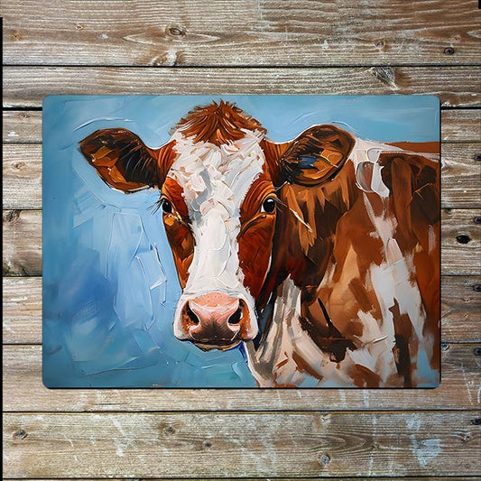 Painting Of A Cow Against Blue Background Metal Sign Plaque
