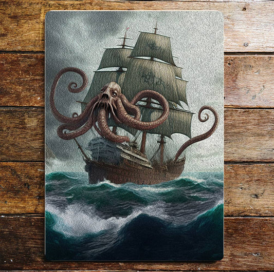 Giant Octopus kraken fantasy war ship | Metal Sign Plaque