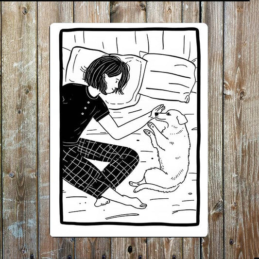Women And Dog In Bed | Line Art | Metal Sign Plaque