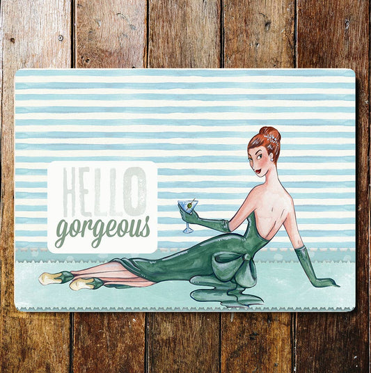 Hello Gorgeous Lady Green Dress | Metal Sign plaque
