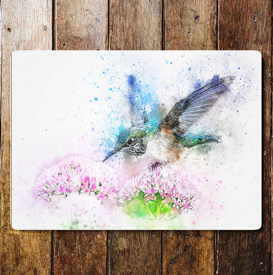 Humming Bird In Flight Pink Flowers | Metal Sign Plaque