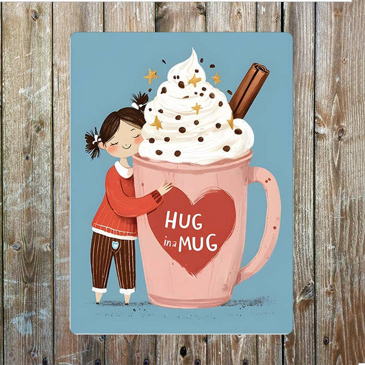 Cheerful Girl Hugging Hug In A Mug | Metal Sign Plaque