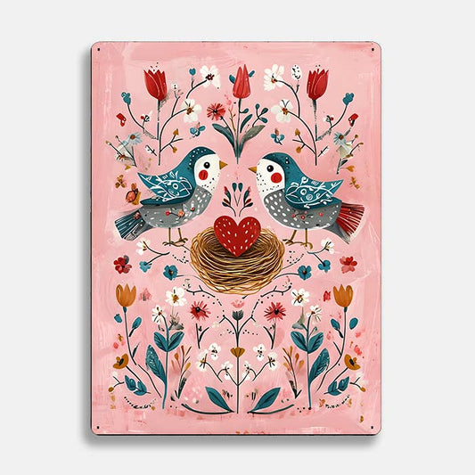Birds Heart Nest Flower scandinavian folk | Metal Sign Plaque
