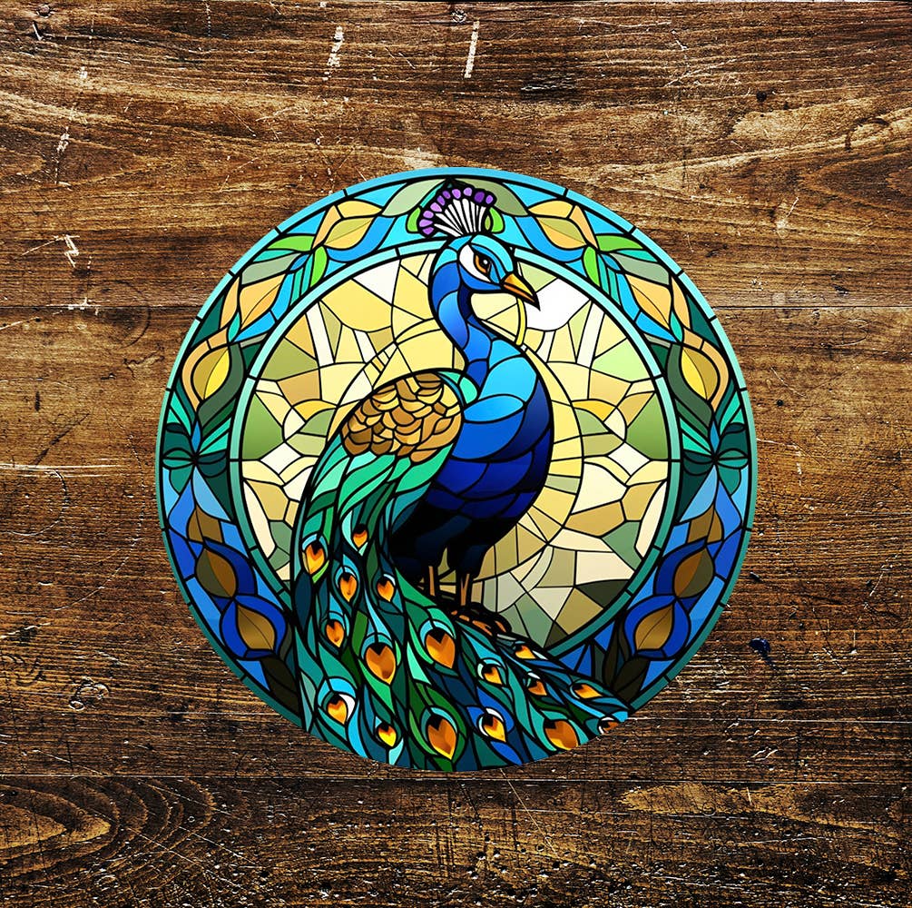 Peacock Feathers Stained Glass affect Metal Sign Circle