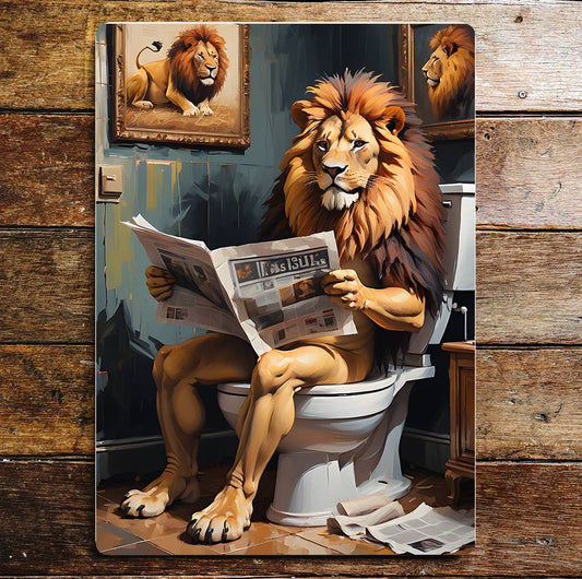 Lion on the Toilet Newspaper funny | Metal Sign Plaque