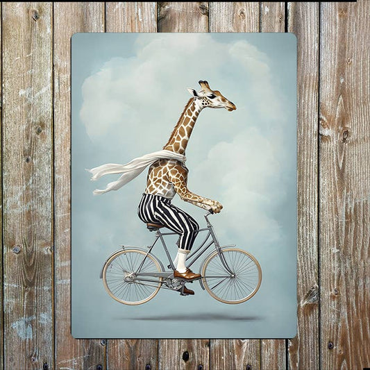 Whimsical Giraffe Riding Vintage Bicycle | Metal Sign Plaque