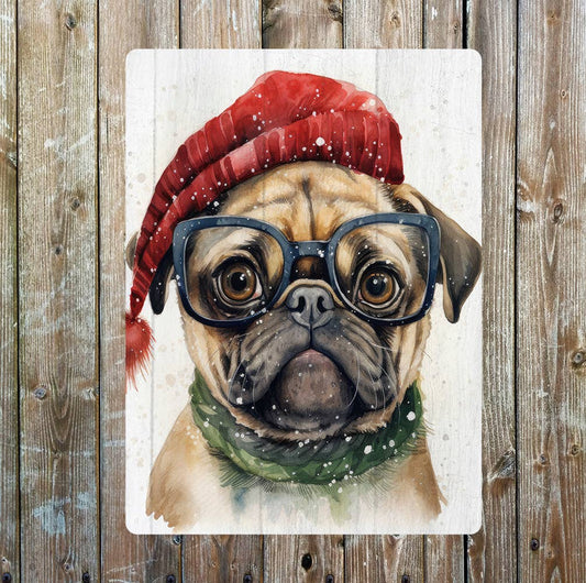 Christmas Pug in glasses Santa Hat | Metal Sign Plaque