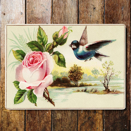 Roses Pink Stem Blue Bird Metal Wall Sign Plaque