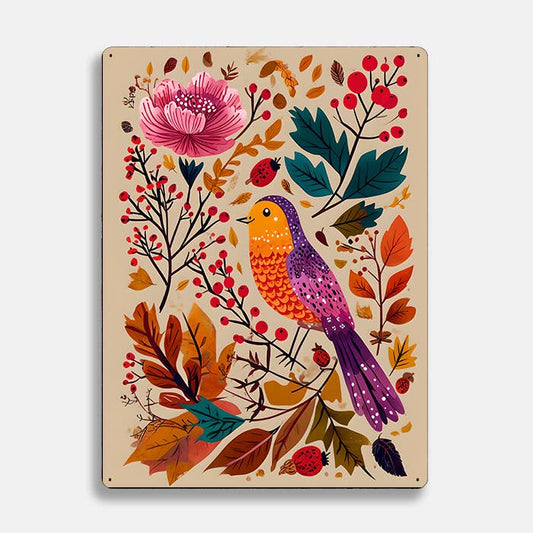 Illustration Floral Bird scandinavian folk | Metal Sign Plaque