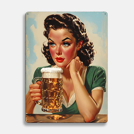 Woman With Beer Vintage Retro | Metal Sign Plaque