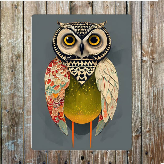 Owl Illustration With Colorful Patterns | Metal Sign Plaque