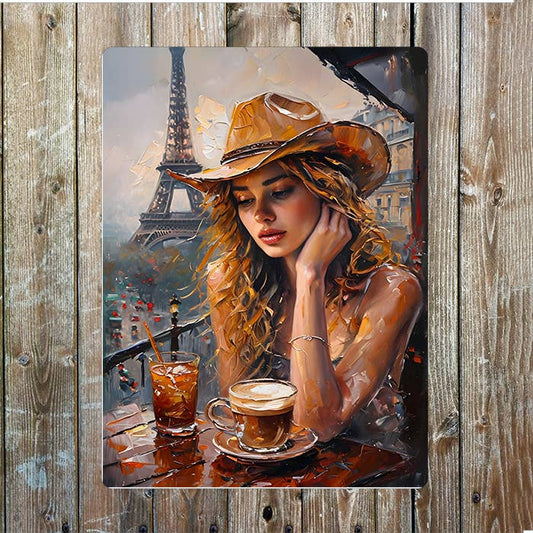 Cowgirl In Paris In Cowboy Hat | Western | Metal Sign Plaque