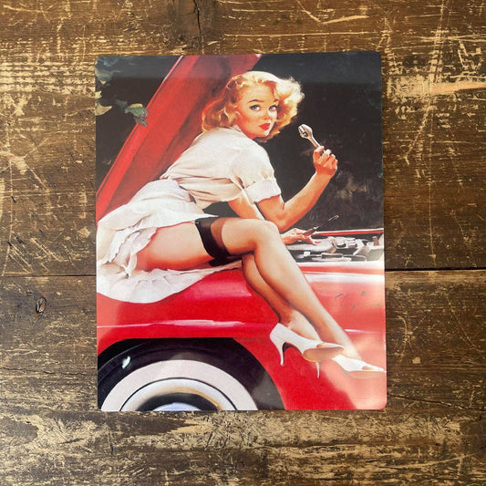 Pinup Girl Garage Car Metal Humour Wall Sign