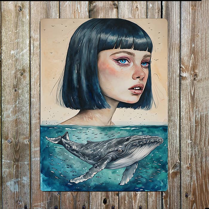 Watercolor Portrait Whales Sea Nautical | Metal Sign Plaque