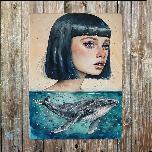 Watercolor Portrait Whales Sea Nautical | Metal Sign Plaque