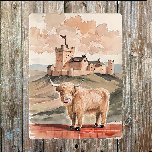 Castle Cow Watercolour Scottish Scotland | Metal Sign Plaque