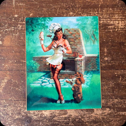 Pin Up Girl BBQ Dog spaniel Metal Personalised Sign