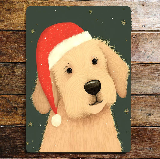 Cute Dog Head Portrait Christmas Hat | Metal Sign Plaque