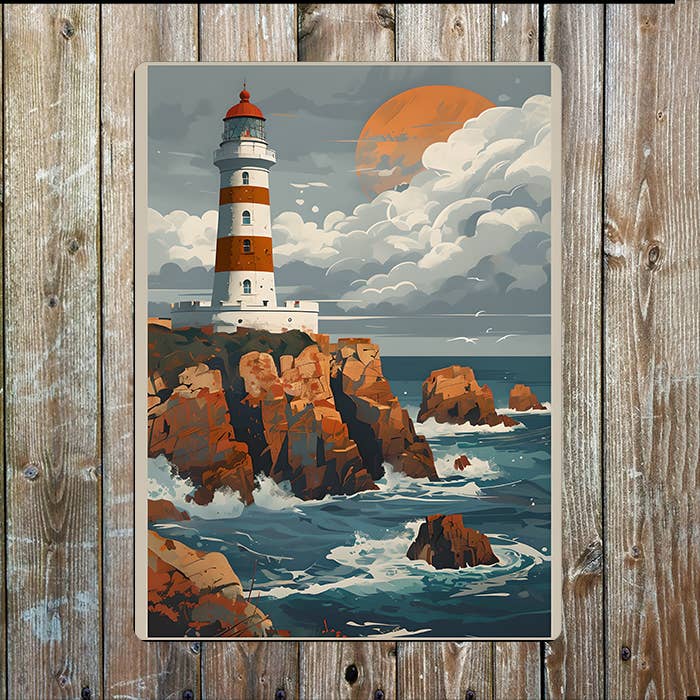 Lighthouse Cliff Rough Sea Nautical | Metal Sign Plaque