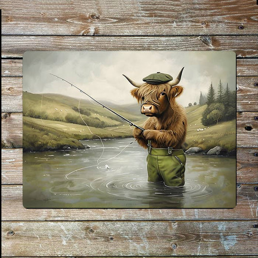 Highland Cow Rustic Fly Fishing Scotland | Metal Sign Plaque
